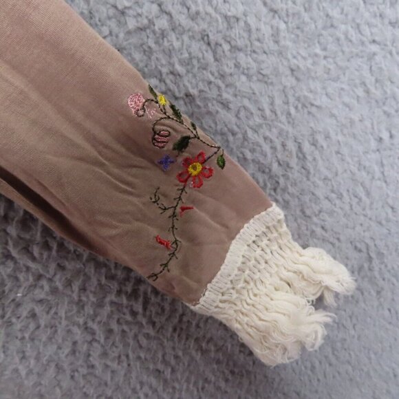 POL Women Boho Embroidered Tan Fringe Trimmed Knit Open Cardigan Duster Cover Up - Picture 5 of 14